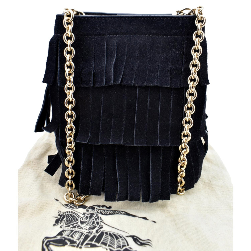 Burberry Mini Fringe Suede Crossbody Bucket Bag in Black