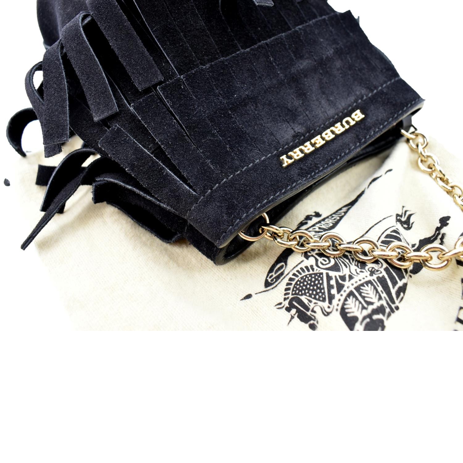 Burberry Mini Fringe Suede Crossbody Bucket Bag in Black