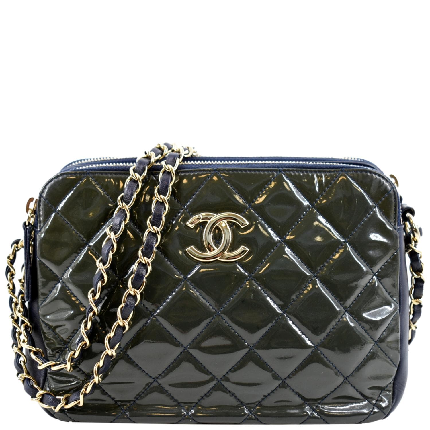 Chanel Black Quilted Patent Lambskin Small Vanity With Chain Pale