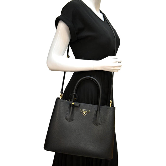 PRADA Double Handle Saffiano Leather Tote Shoulder Bag Black