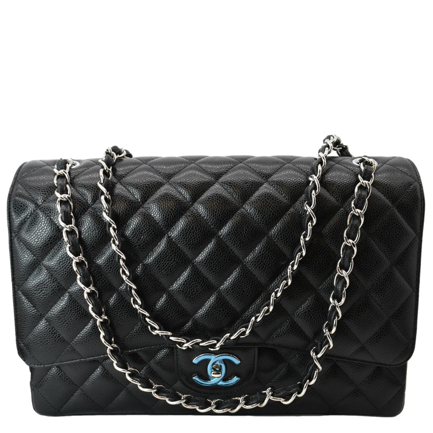 Chanel Maxi Classic Double Flap Bag Black Quilted Caviar Silver Hardware