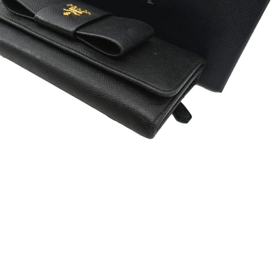 Prada Black Saffiano Fiocco Leather Bow Continental Wallet at
