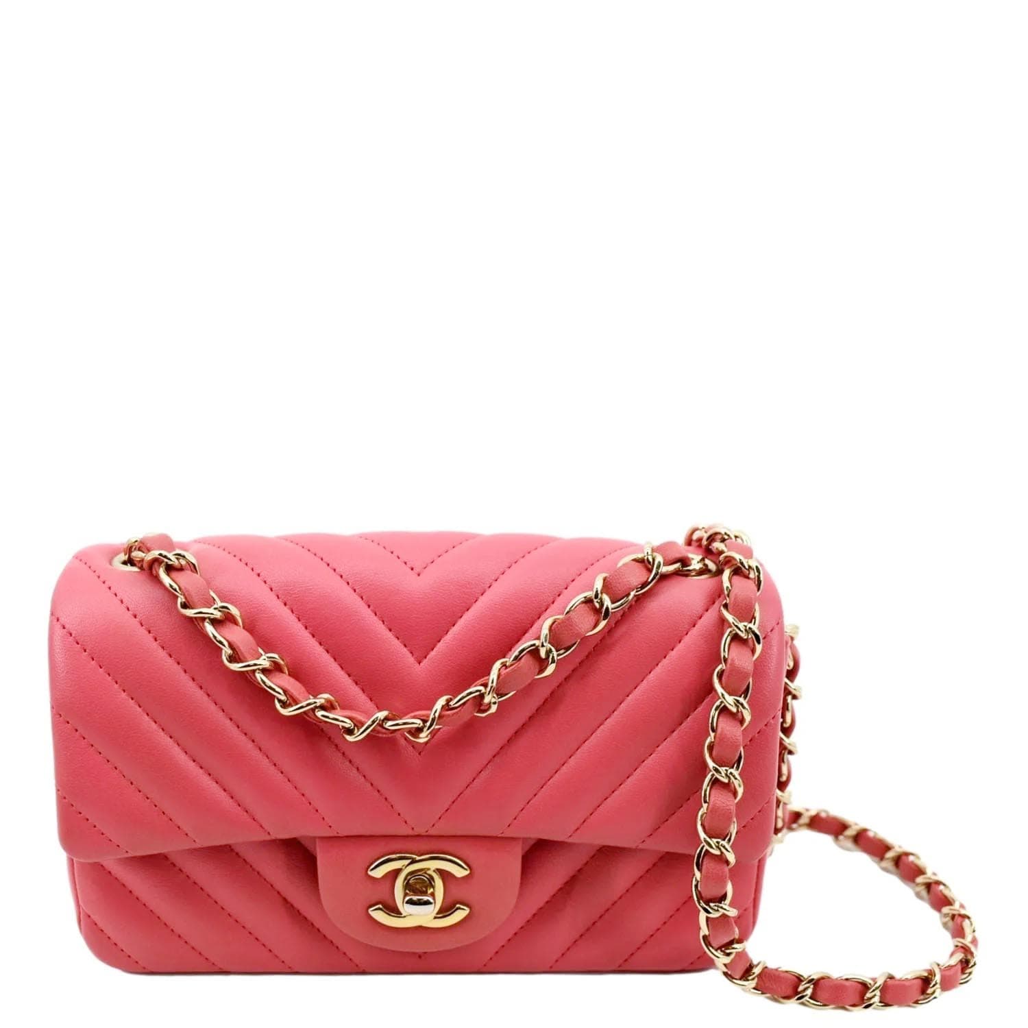 Chanel Timeless Classic Square Flap Chevron Calfskin Leather Crossbody Bag Pink