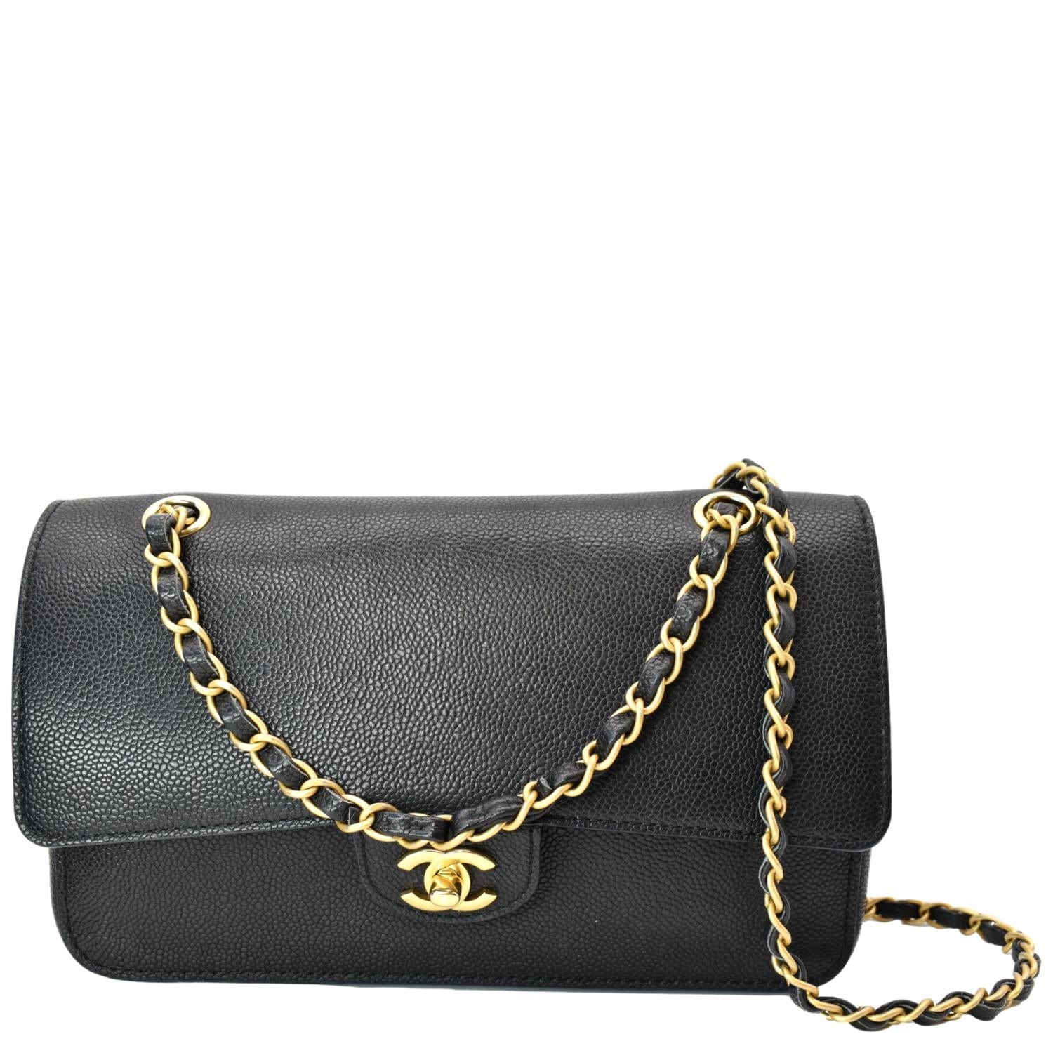 CHANEL Classic Medium Double Flap Caviar Leather Shoulder Bag Black