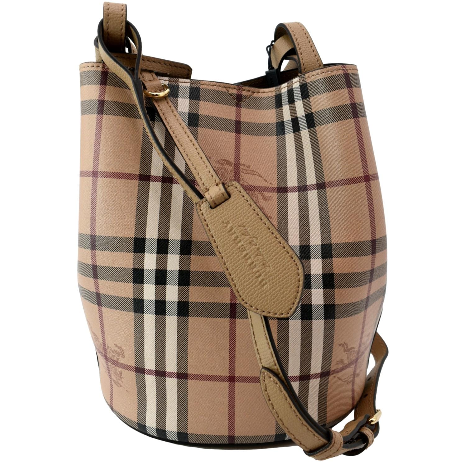 Burberry Leather Canvas Logo Bucket Bag Tan