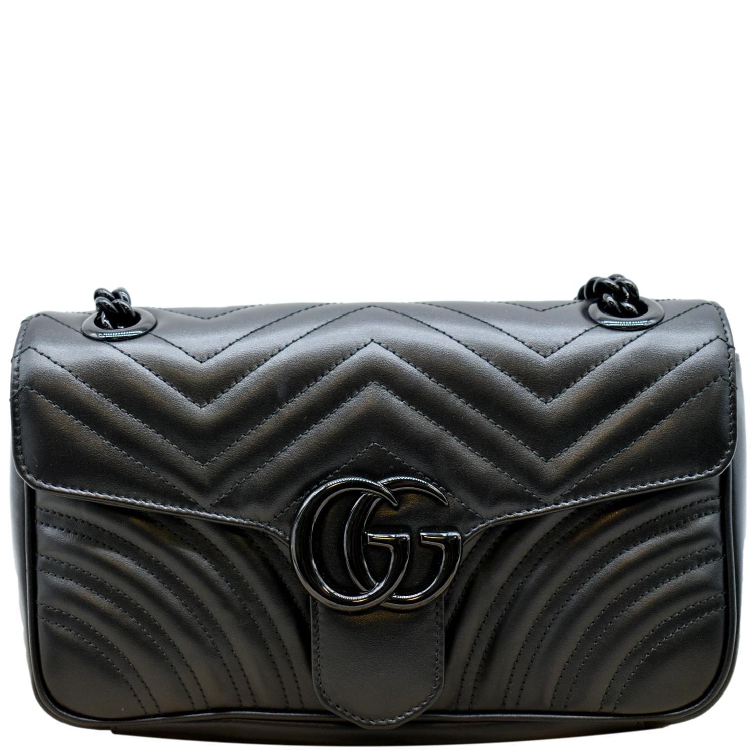 GUCCI Calfskin Matelasse Mini GG Marmont Chain Shoulder Bag Black 1297184