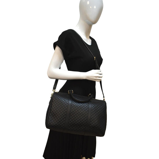 Gucci Medium Black Leather Handbag Boston Microguccissima w/Det