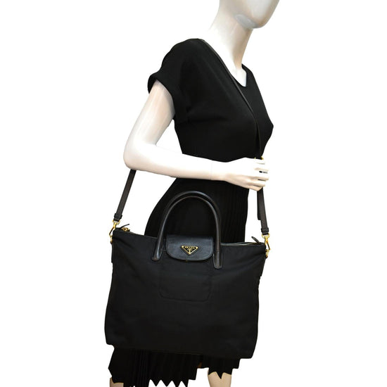 Prada Tessuto Nylon Saffiano Leather Black Shopping Tote Bag