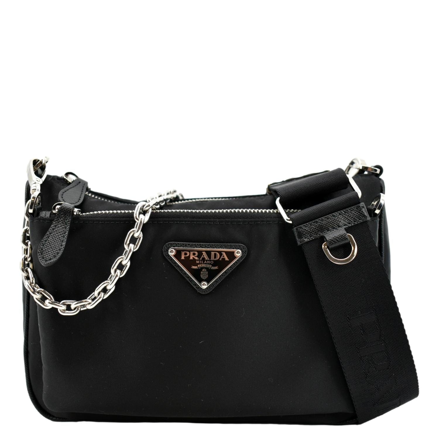 Prada Ladies Black Leather And Re-nylon Cross-body Bag