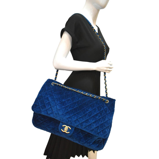 CHANEL Airlines CC XXL Flap Quilted Velvet Shoulder Bag Blue