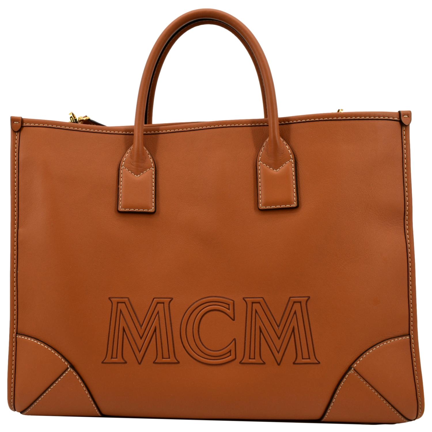 MCM Munchen Monogram Calfskin Leather Tote Shoulder Bag Cognac