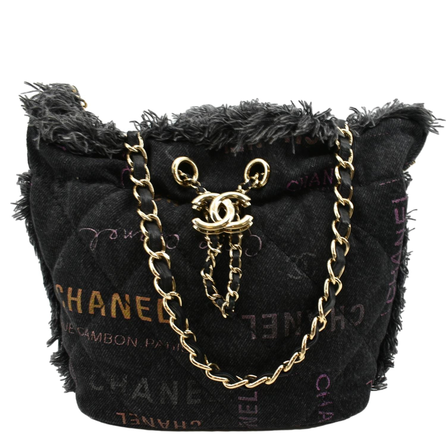 CHANEL Denim Mood Logo Printed Quilted Fringe Denim Chain Bucket Bag B