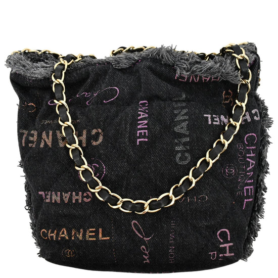 Chanel CC Women Bucket Bag Printed Denim Gold-Tone Metal Blue