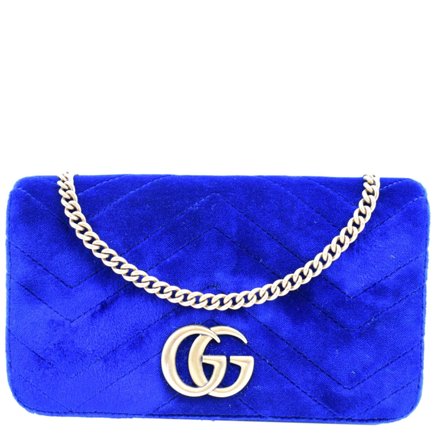 Gucci Blue Super Mini GG Marmont Velvet Crossbody Bag Metal Cloth