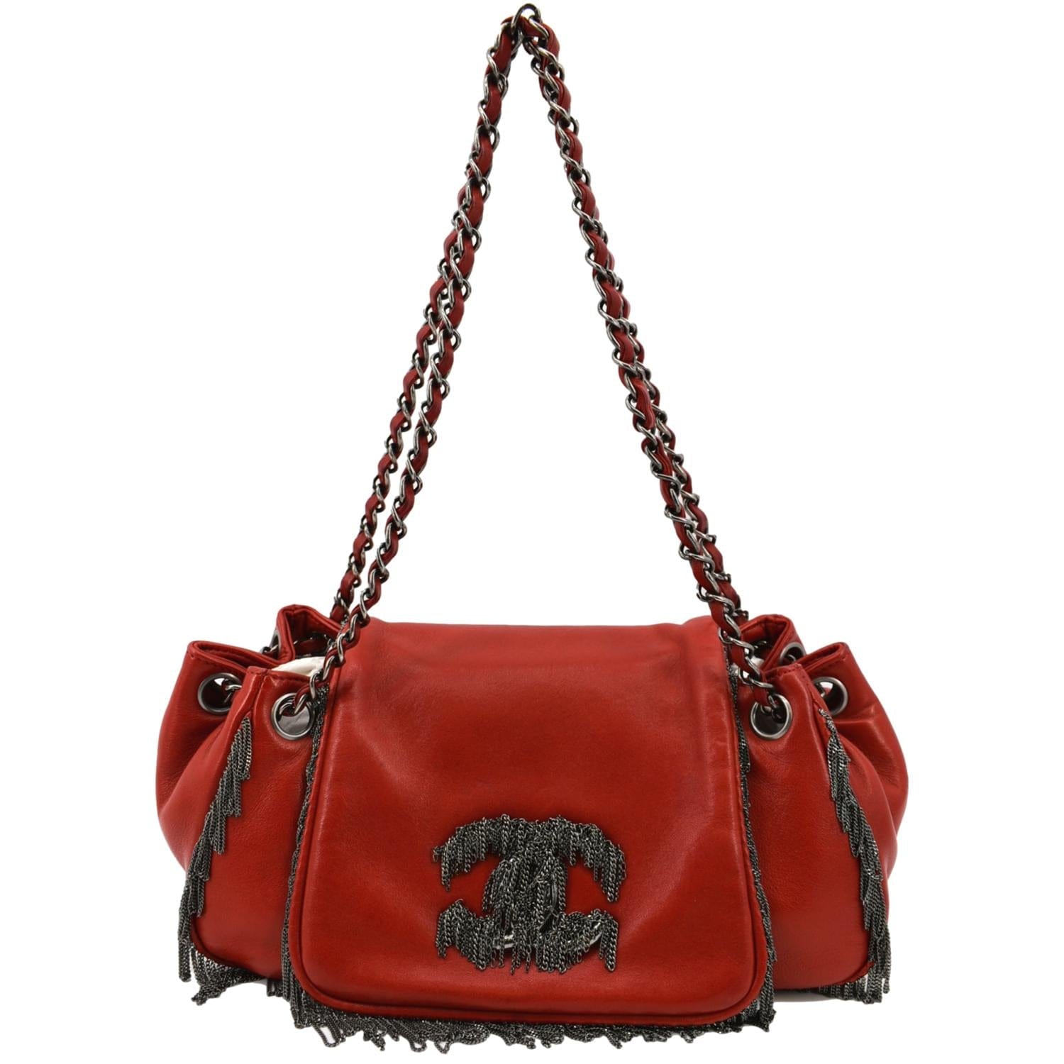 CHANEL Chain Fringe Flap Lambskin Leather Shoulder Bag Red