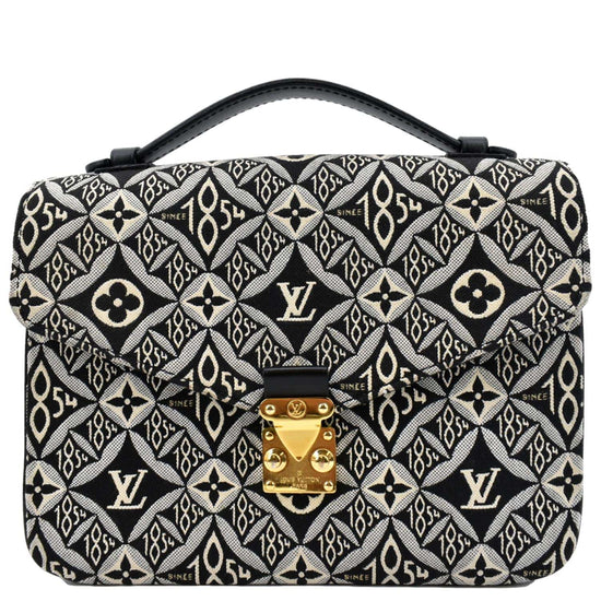 Louis Vuitton Black Since 1854 Jacquard Textile Pochette Metis Gold Tone Hardware (Like New), Patterned/White/Black Womens Handbag