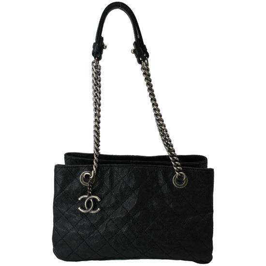 CHANEL CC Zip Diamond Embossed Leather Shopping Tote Shoulder Bag Blac