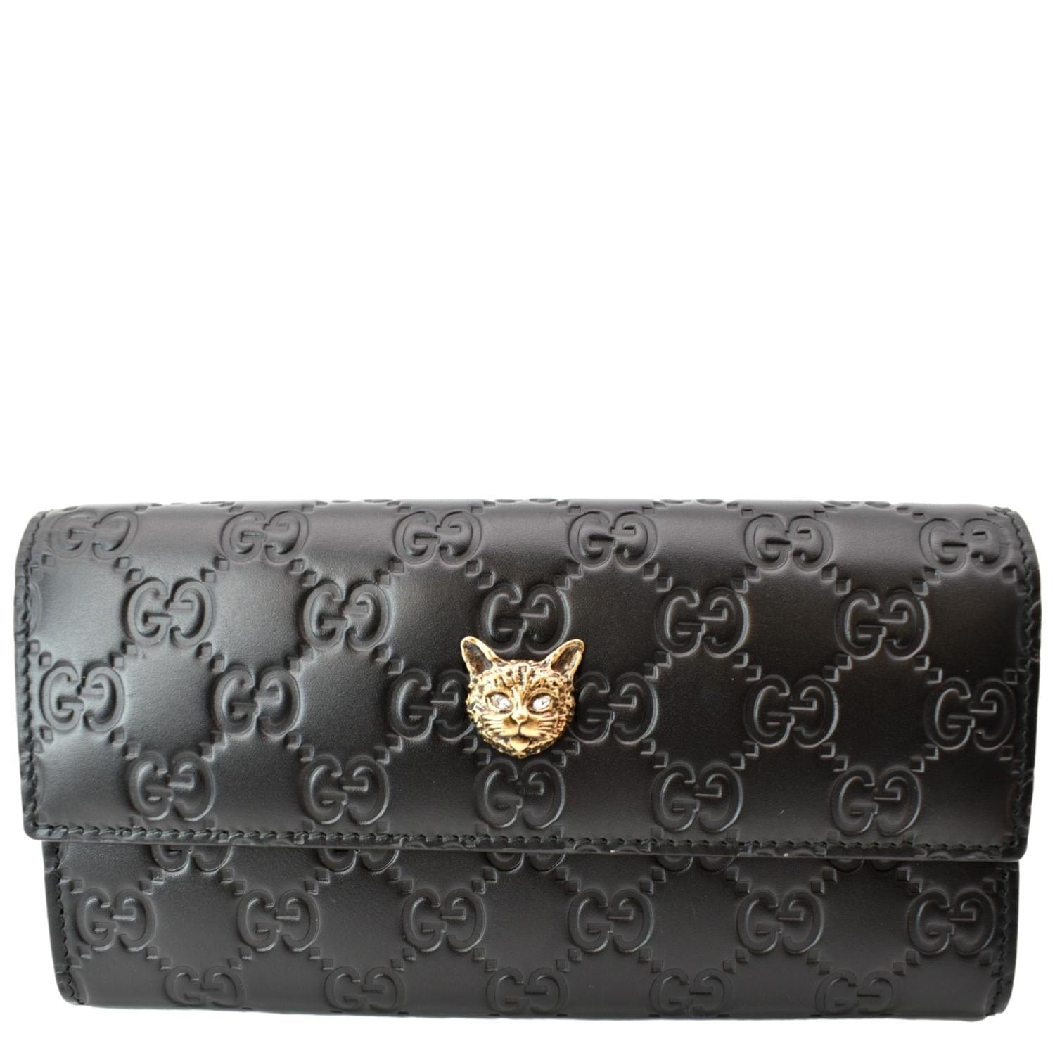 Gucci Continental Cat Motif Embossed GG Leather Zip Around Wallet in Black