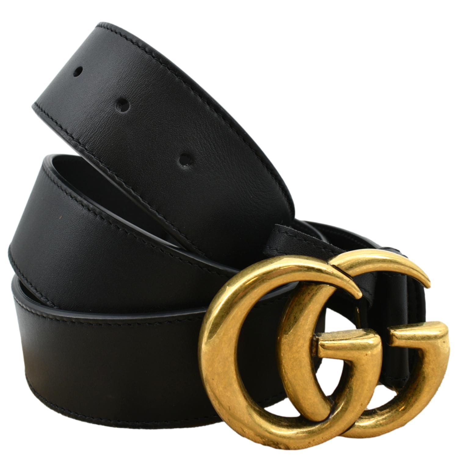 Gucci Double G Buckle Black Leather Belt Size 44 Black
