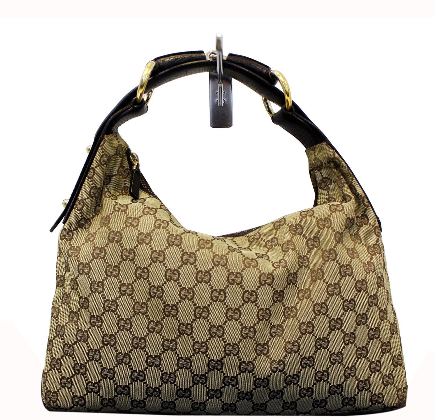 GUCCI Beige GG Canvas Medium Horsebit Hobo Bag