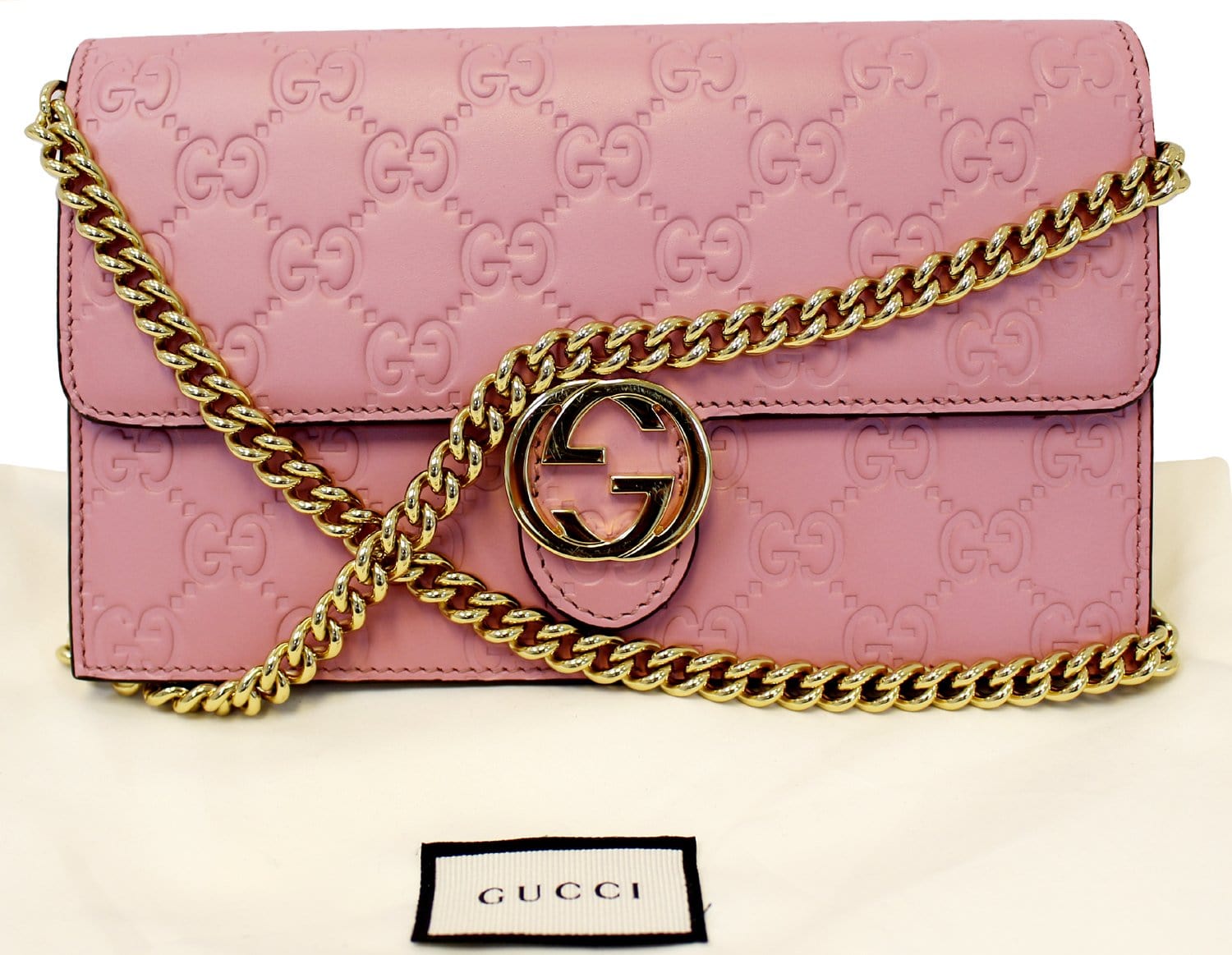GUCCI Guccissima Signature Crystal Cat Chain Wallet Light Candy Pink  1276753