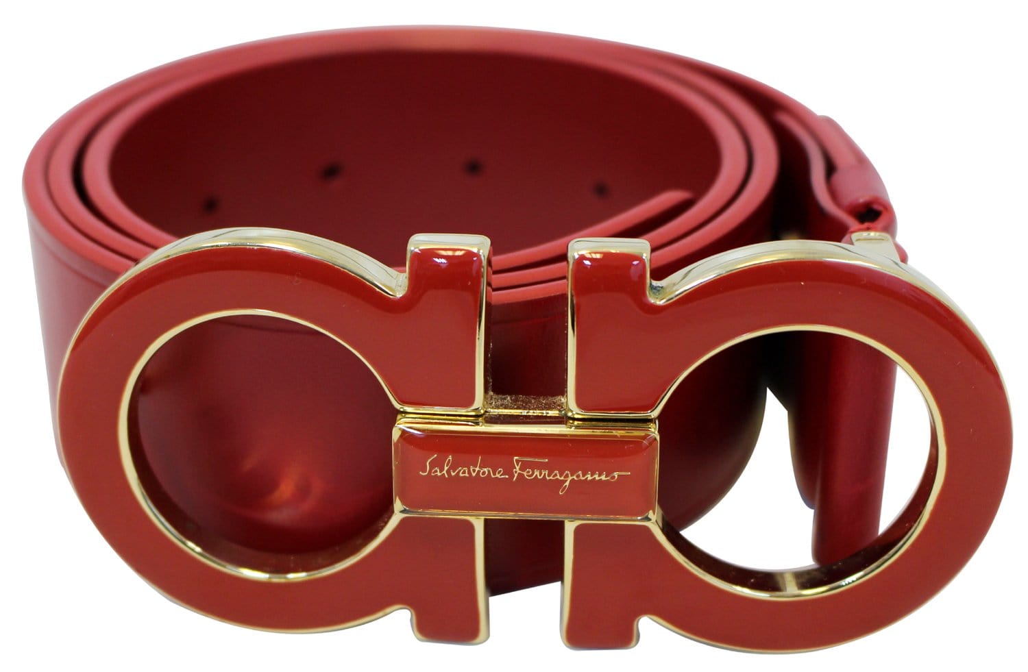 Salvatore Ferragamo Red Enamel Gancini Buckle Belt 34