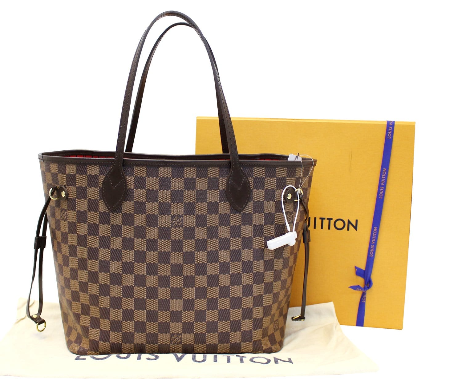 Authentic Louis Vuitton Damier Ebene Neverfull MM with Red Interior Tote  N51105