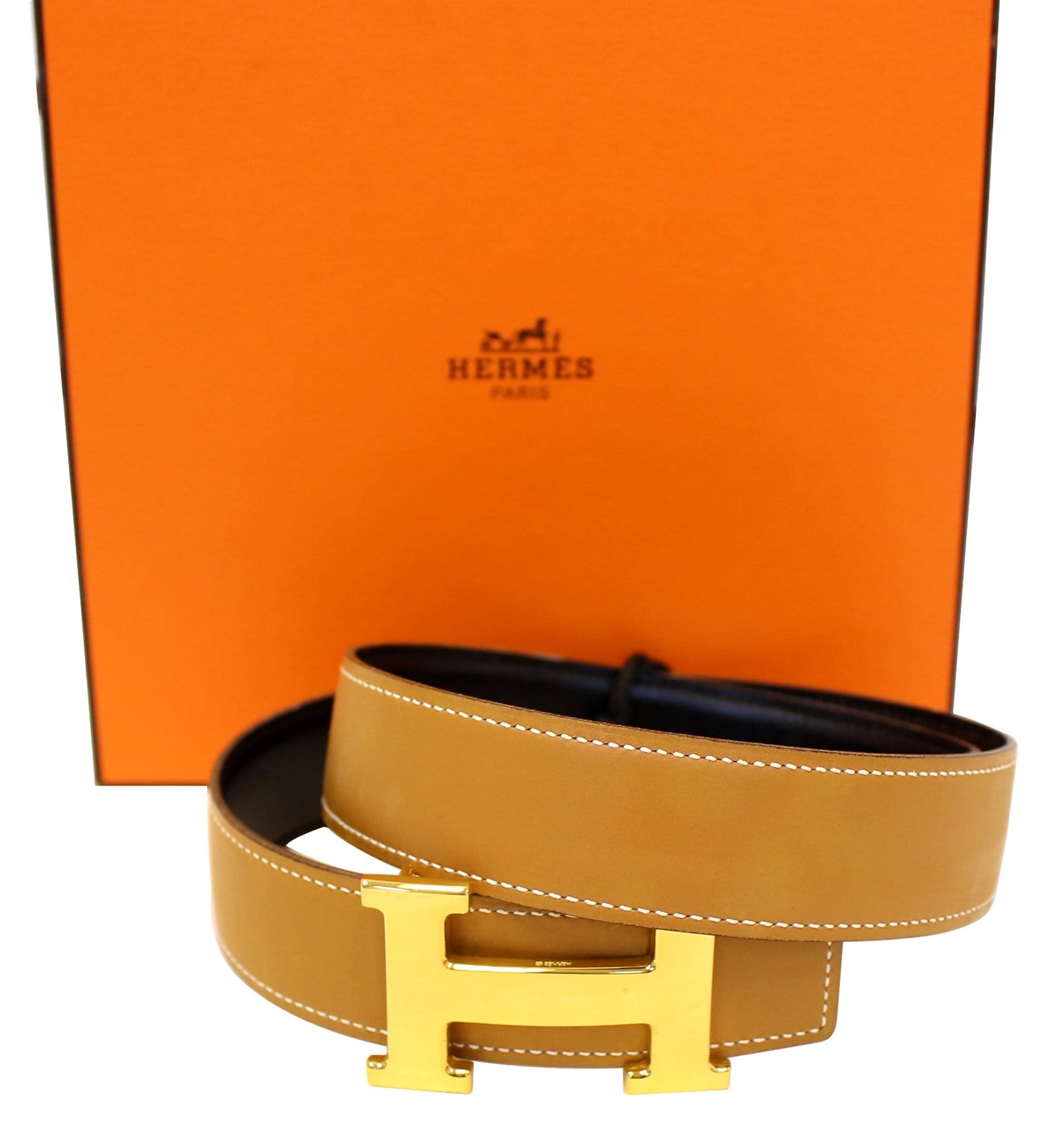 Hermes Reversible Belt Black/ Tan 65cm. Gold Buckle. Made in France.