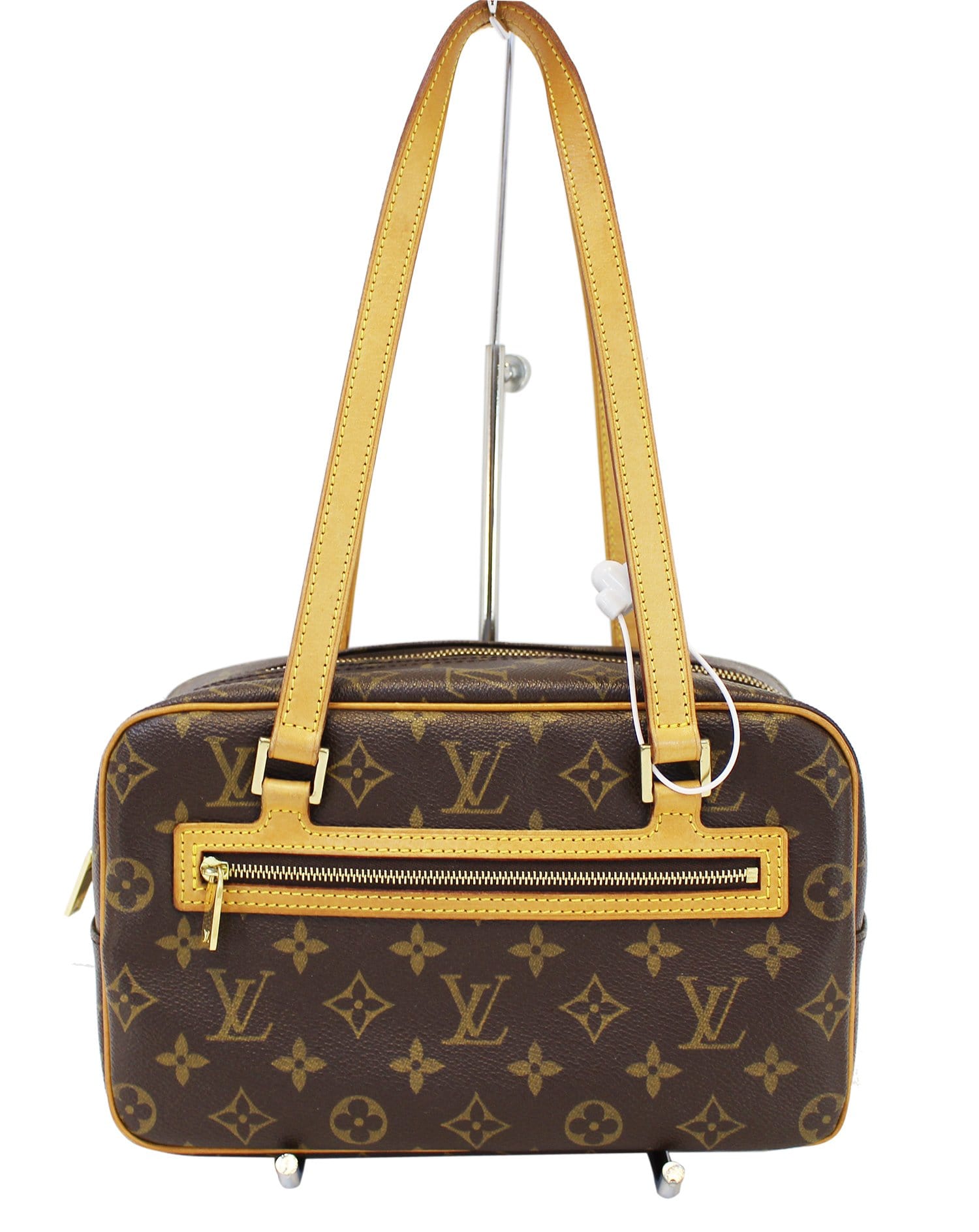 LOUIS VUITTON MONOGRAM CITE SHOULDER BAG, traditional brown monogram canvas  with leather trim and pale gold tone hardware, double zip closure at the  top and zippered front pocket, 25cm x 18cm H