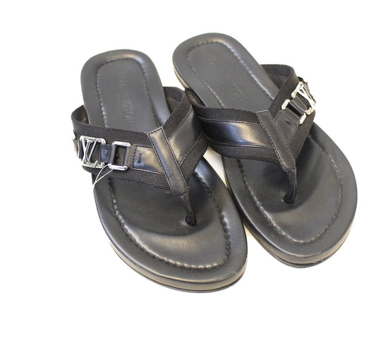 Louis Vuitton Black Fabric and Leather Hamptons Thong Sandals Size 44