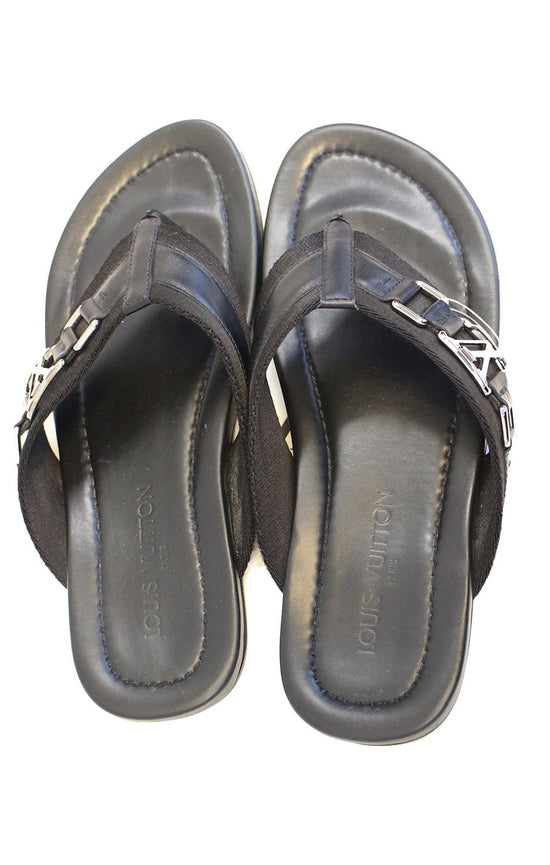 Louis Vuitton Black Fabric and Leather Hamptons Thong Sandals Size