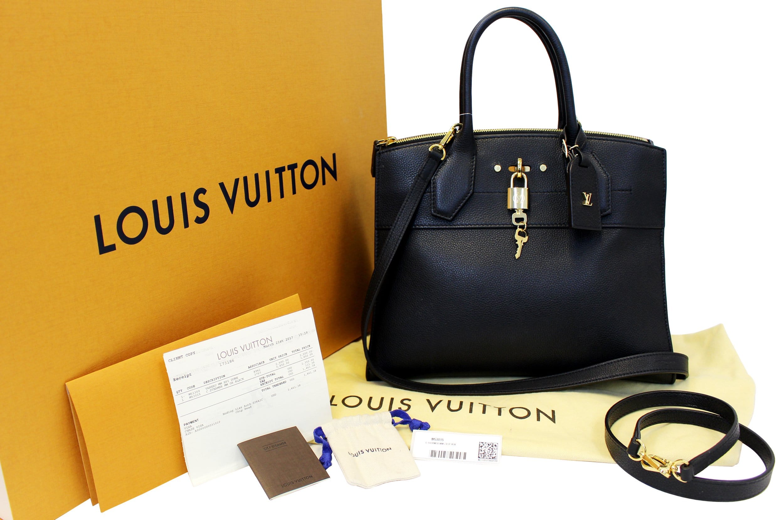 LOUIS VUITTON Noir Black Leather City Steamer MM Shoulder Bag