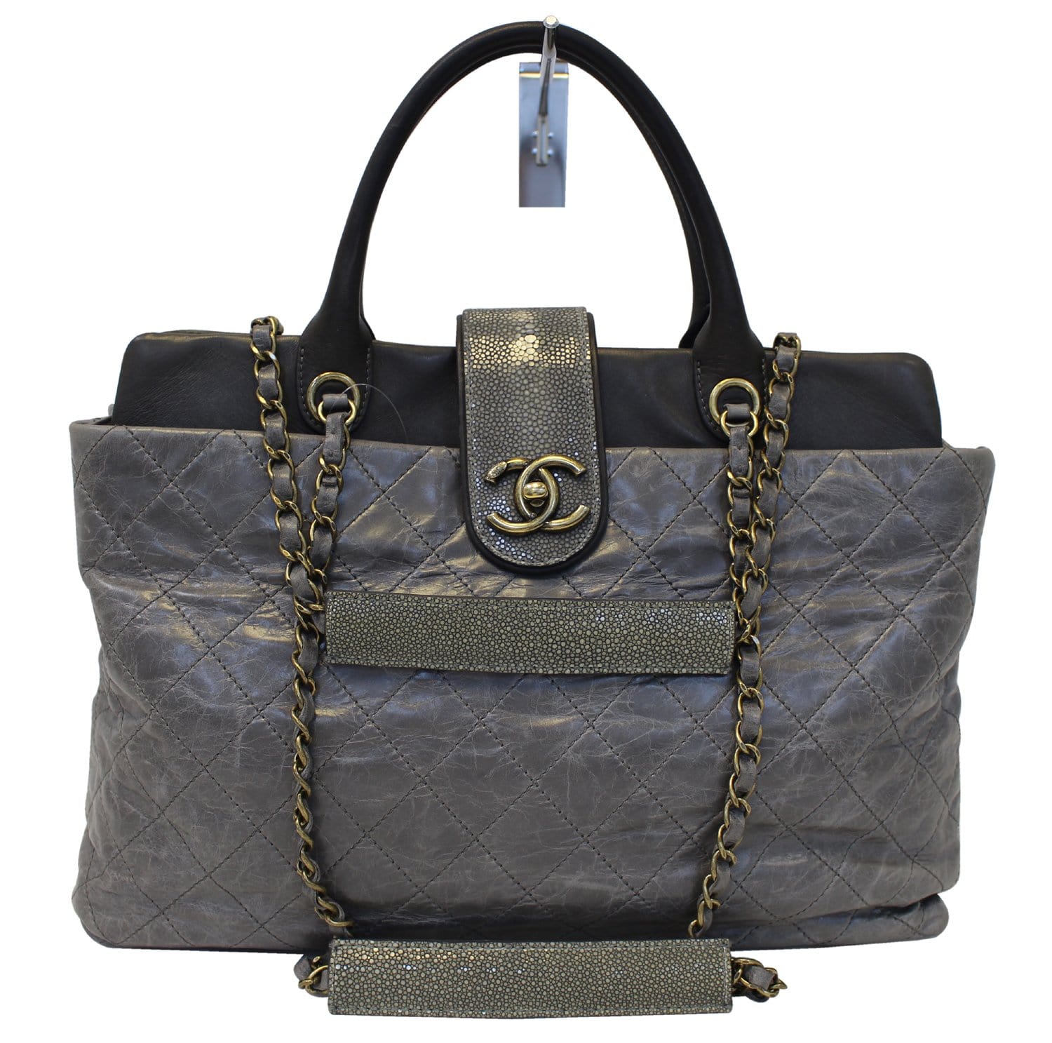CHANEL Grey Quilted Calfskin Leather Stingray Bindi CC Shopper Tote Ba