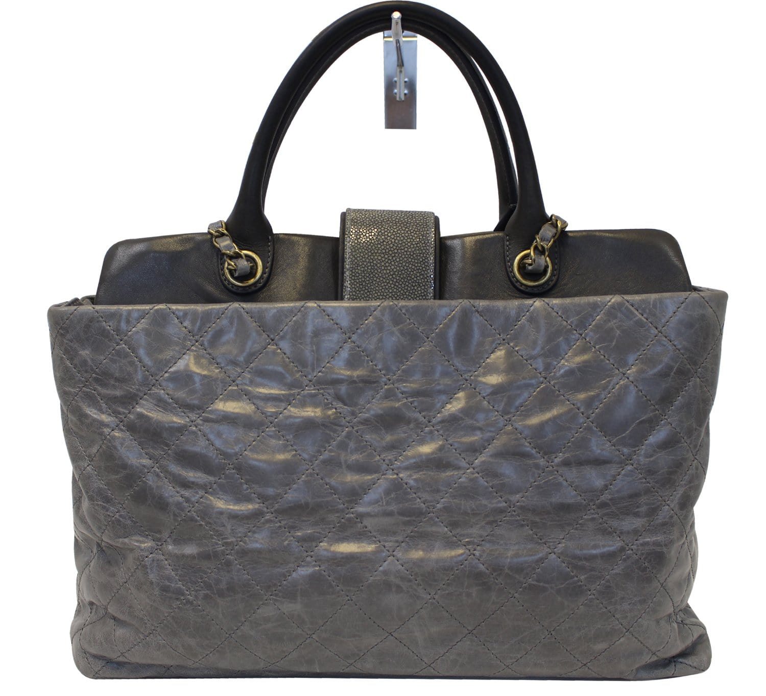 CHANEL Grey Quilted Calfskin Leather Stingray Bindi CC Shopper Tote Ba