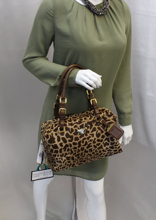 Prada Black Leather and Leopard Print Calf Hair Twin Bag