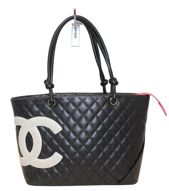 CHANEL Calf Leather Cambon Ligne Black Quilted Tote Bag Handbag #2472  Rise-on