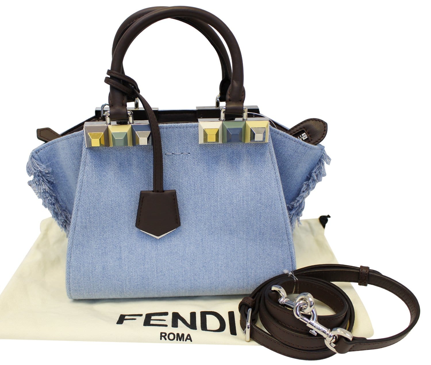 FENDI 3 Jour Mini Fringed Denim Studs Tote Crossbody Bag - Sale