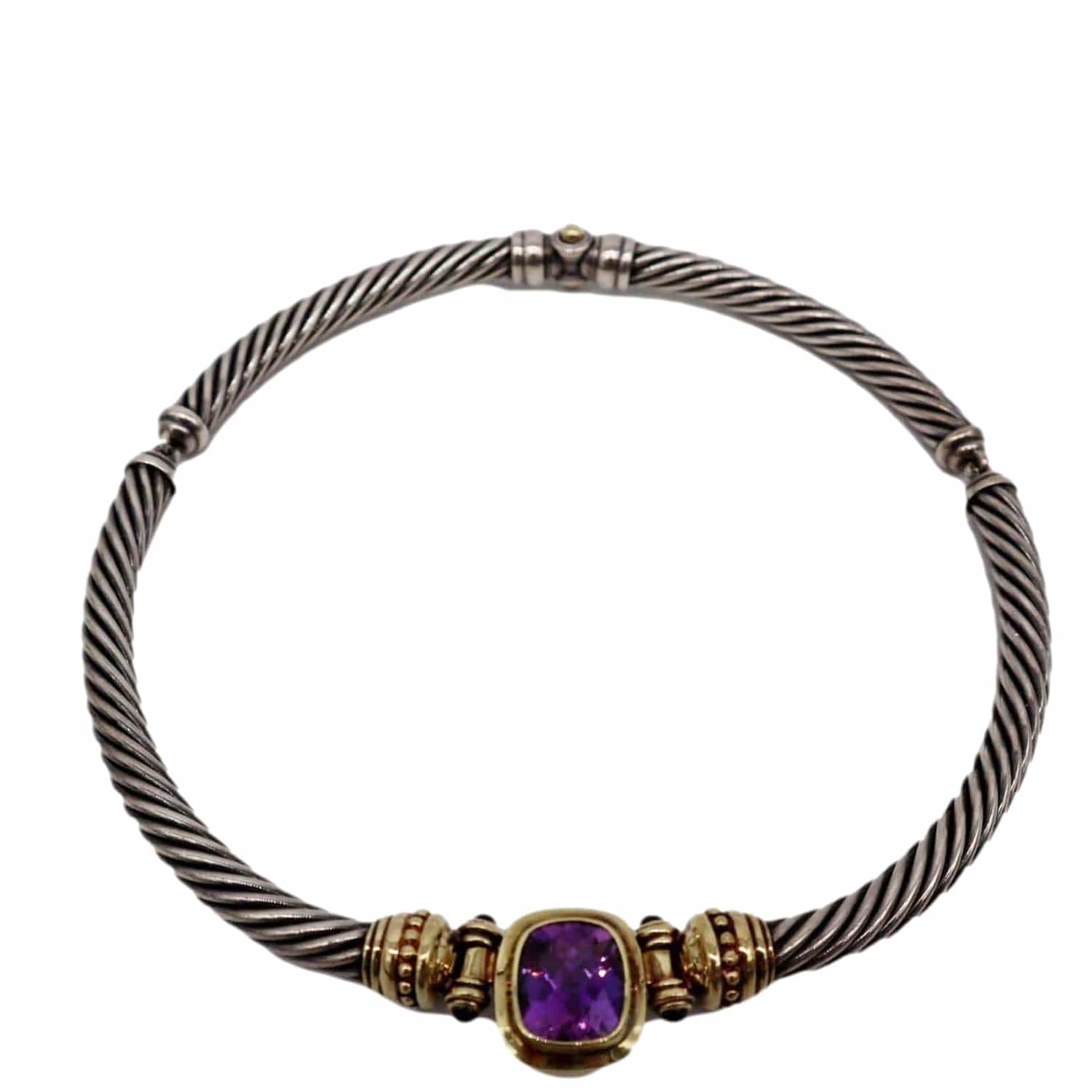 Lot - David Yurman sterling silver cable necklace with 14k gold clasp and  purple amethyst acorn enhancer pendant. 5 1/4