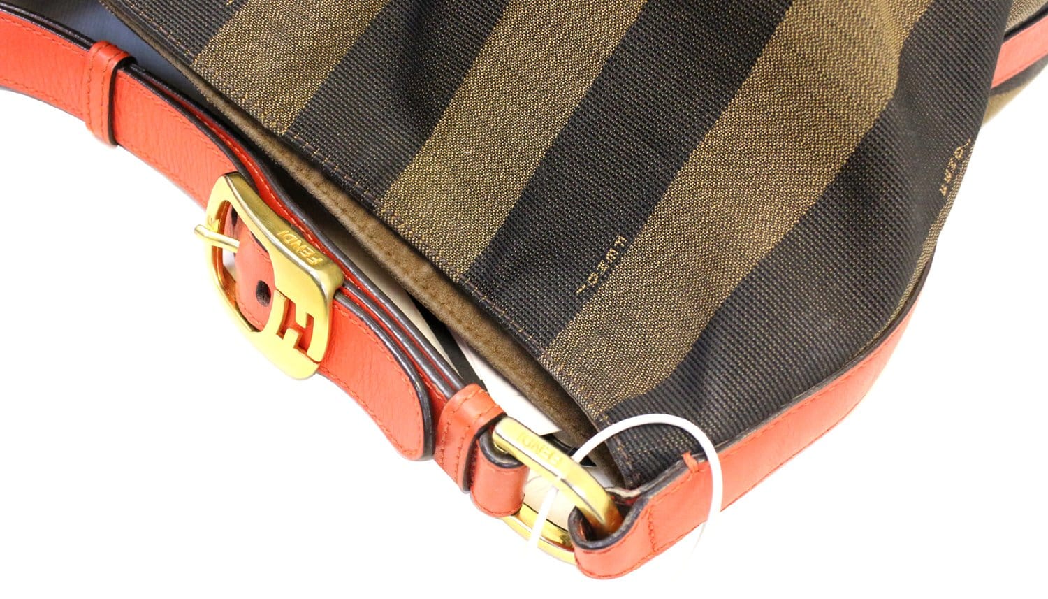 FENDI Tobacco and Red Leather Pequin Stripe Canvas Hobo Bag