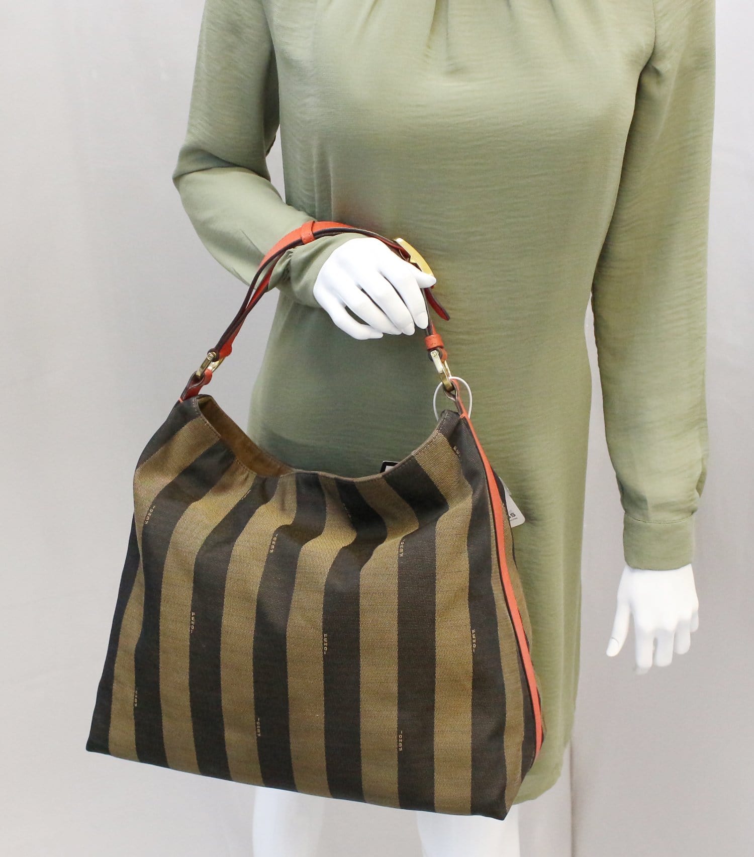 FENDI Tobacco and Red Leather Pequin Stripe Canvas Hobo Bag