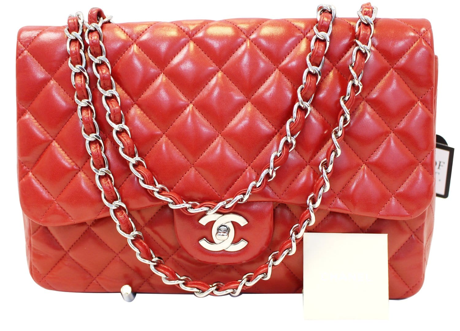 CHANEL Red Quilted Lambskin Leather Classic Jumbo Double Flap Bag