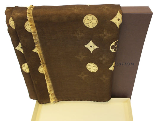 Louis Vuitton Monogram Cream and Brown Silk Scarf