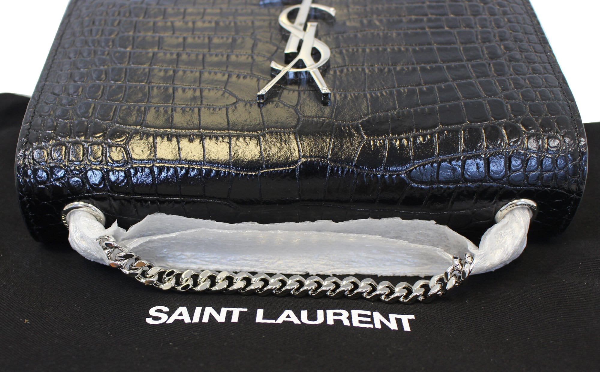 YVES SAINT LAURENT Crocodile Black Leather Silver Chain Clutch Crossbody Bag