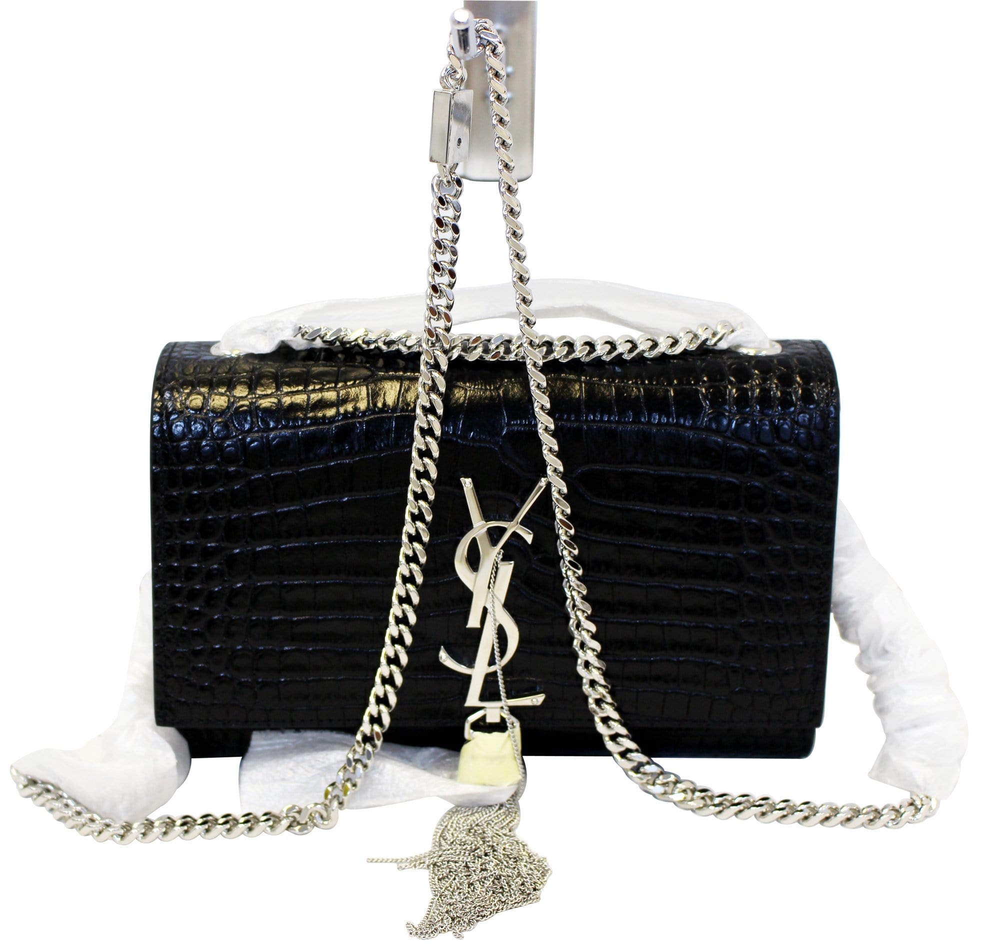 YVES SAINT LAURENT Crocodile Black Leather Silver Chain Clutch Crossbody Bag