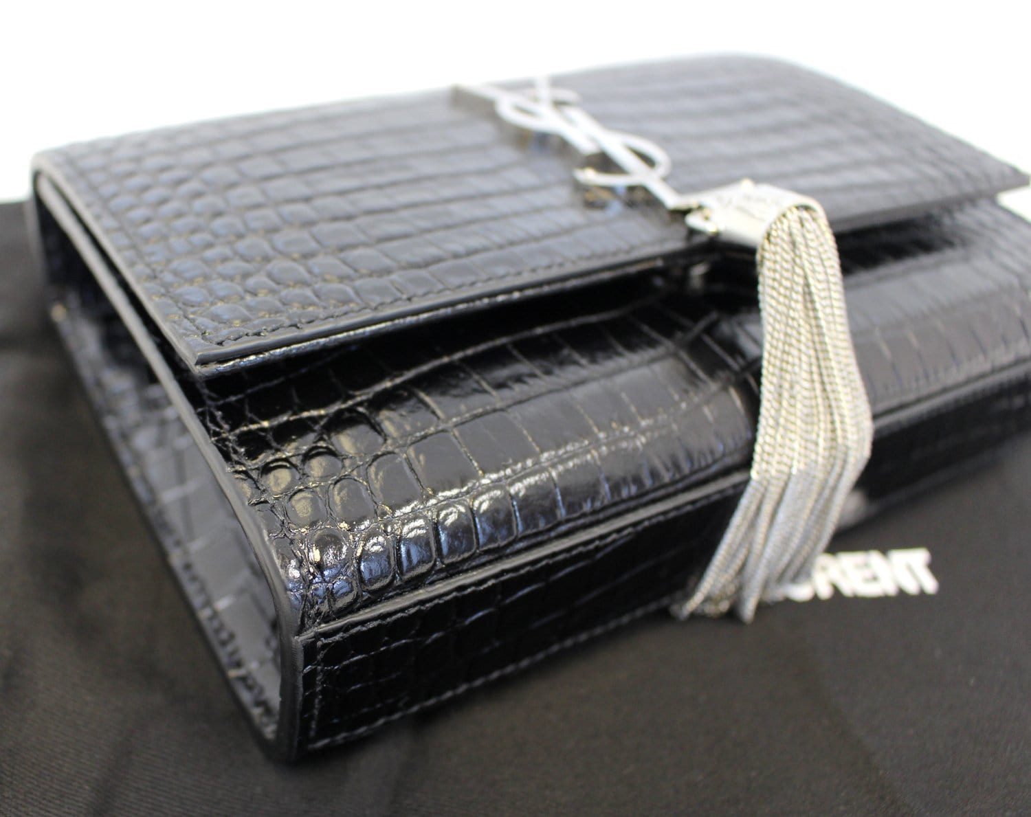 YVES SAINT LAURENT Crocodile Black Leather Silver Chain Clutch Crossbo