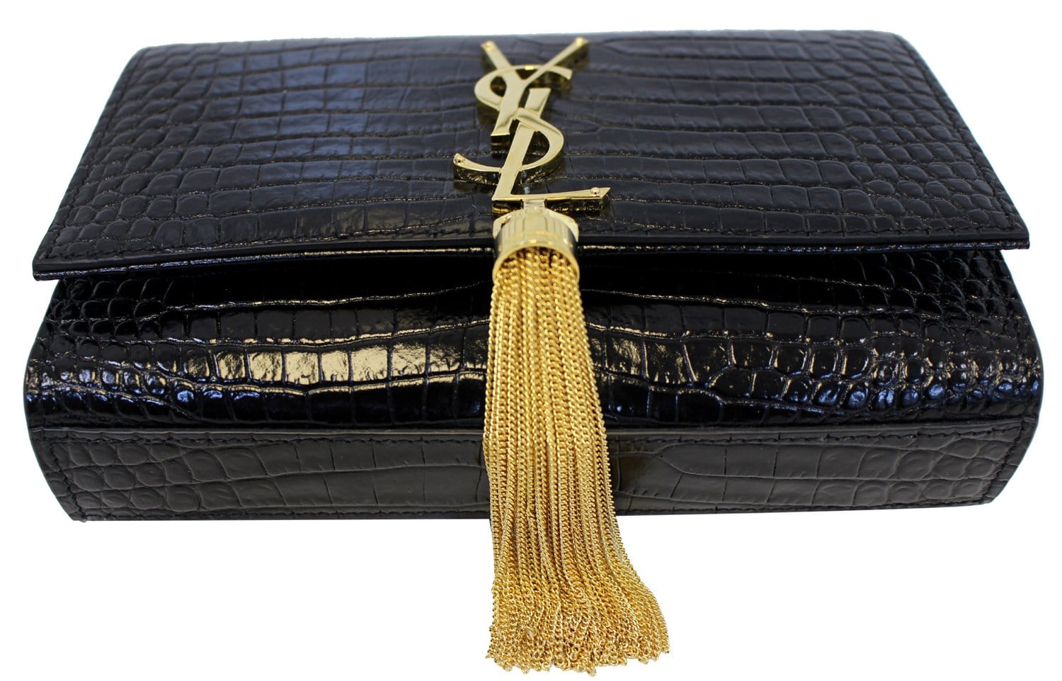 YVES SAINT LAURENT Crocodile Black Leather Gold Chain Clutch Crossbody Bag