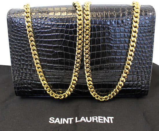 YVES SAINT LAURENT Crocodile Black Leather Gold Chain Clutch Crossbody Bag