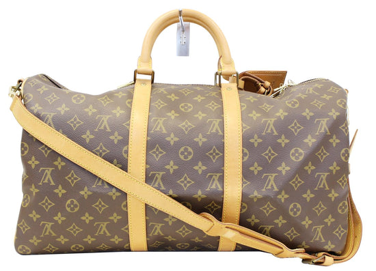 Exceptional Louis Vuitton Keepall travel bag 50 shoulder strap in brown  monogram canvas and natural leather customized CHAMPAGNE X FRENCH LUXURY  by the Street Art artist PatBo Cloth ref.730254 - Joli Closet