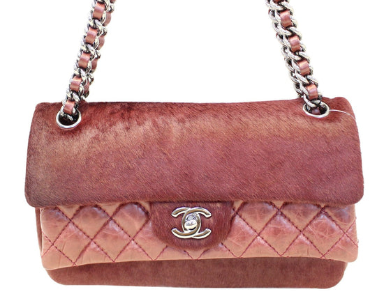 CHANEL Burgundy Quilted Leather Pony Hair Double Flap