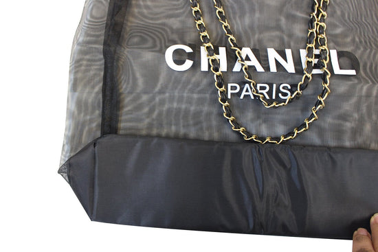 CHANEL Tote Bag - Mesh Black Travel Handbag Gold Chain